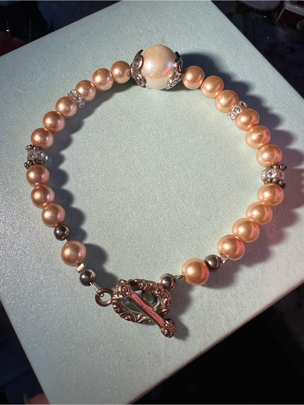 Estate Find Champagne Pearl Beaded Bracelet with Silver Accents